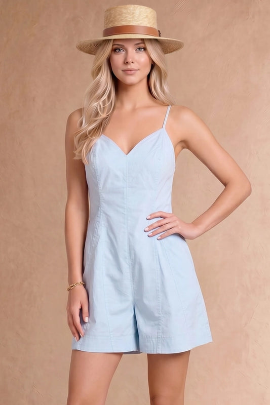 Blue Sleeveless Open Back Romper