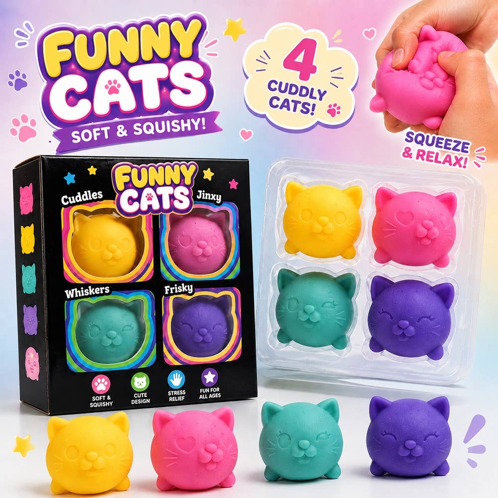 12pk Funny Cats Squishy Squeeze Toy 4pc Set Dumpling