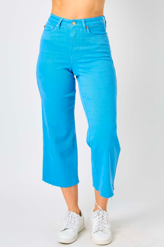 Judy Blue Sky Blue Dyed Tummy Control Wide Leg Crop Jeans