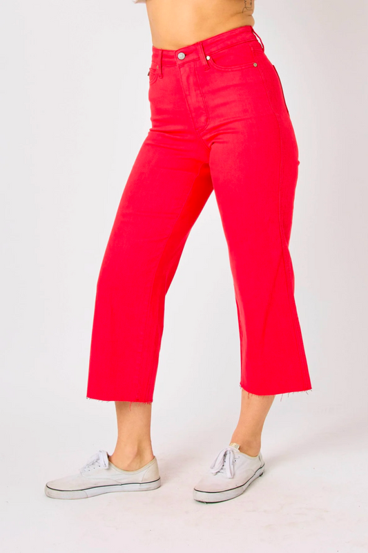 Judy Blue High Waist Garment Dyed Tummy Control Cropped Wide Leg Jeans in Red