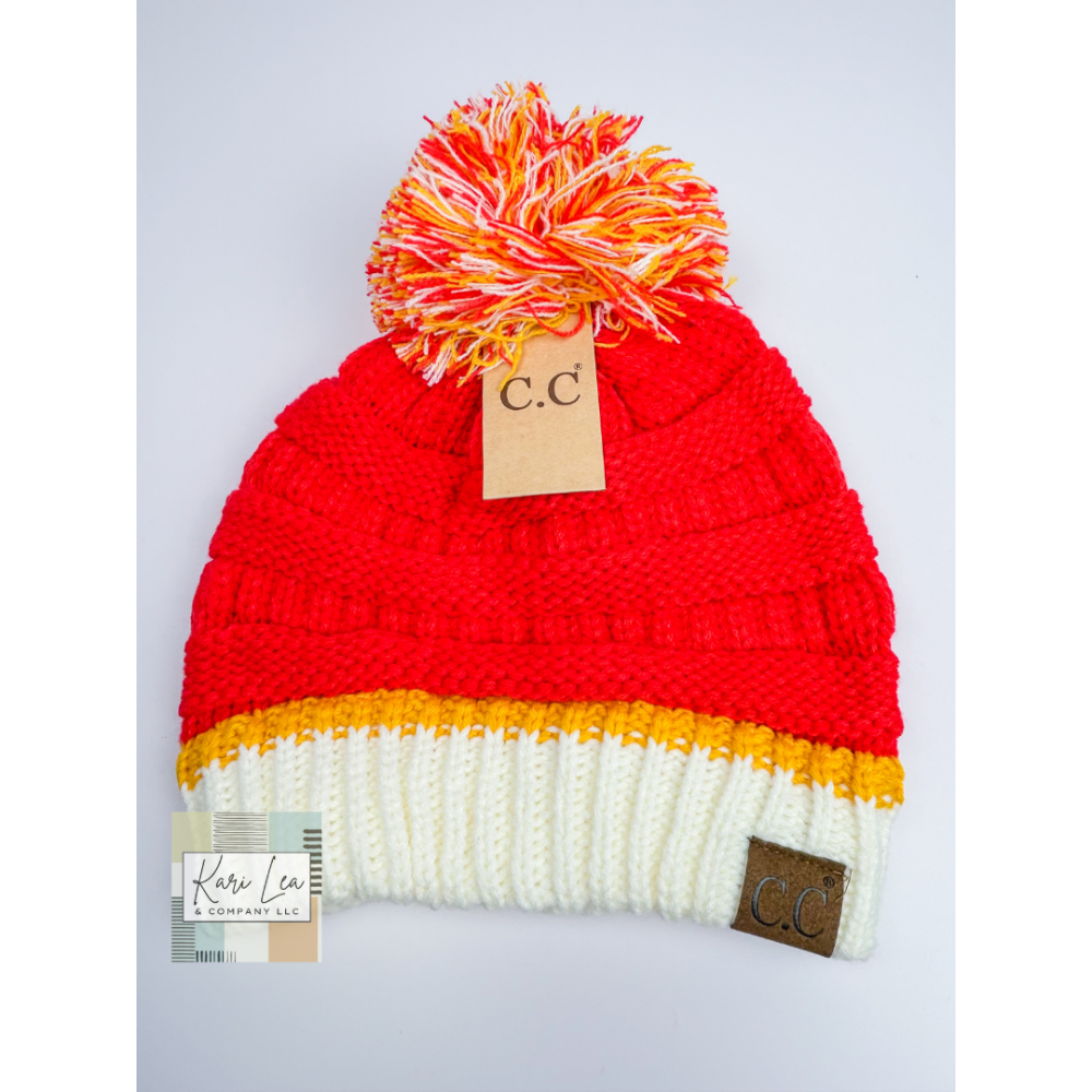 KC Inspired Pro Football Colors CC Beanie with Pom - Red/Gold/White|8173