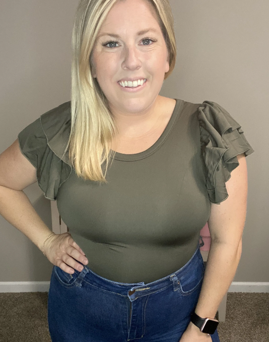 Ruffle Sleeve Bodysuit- Olive|8025
