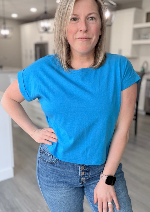 Deep Blue Cotton Folded Sleeve Top- Simply Kane Boutique|9031