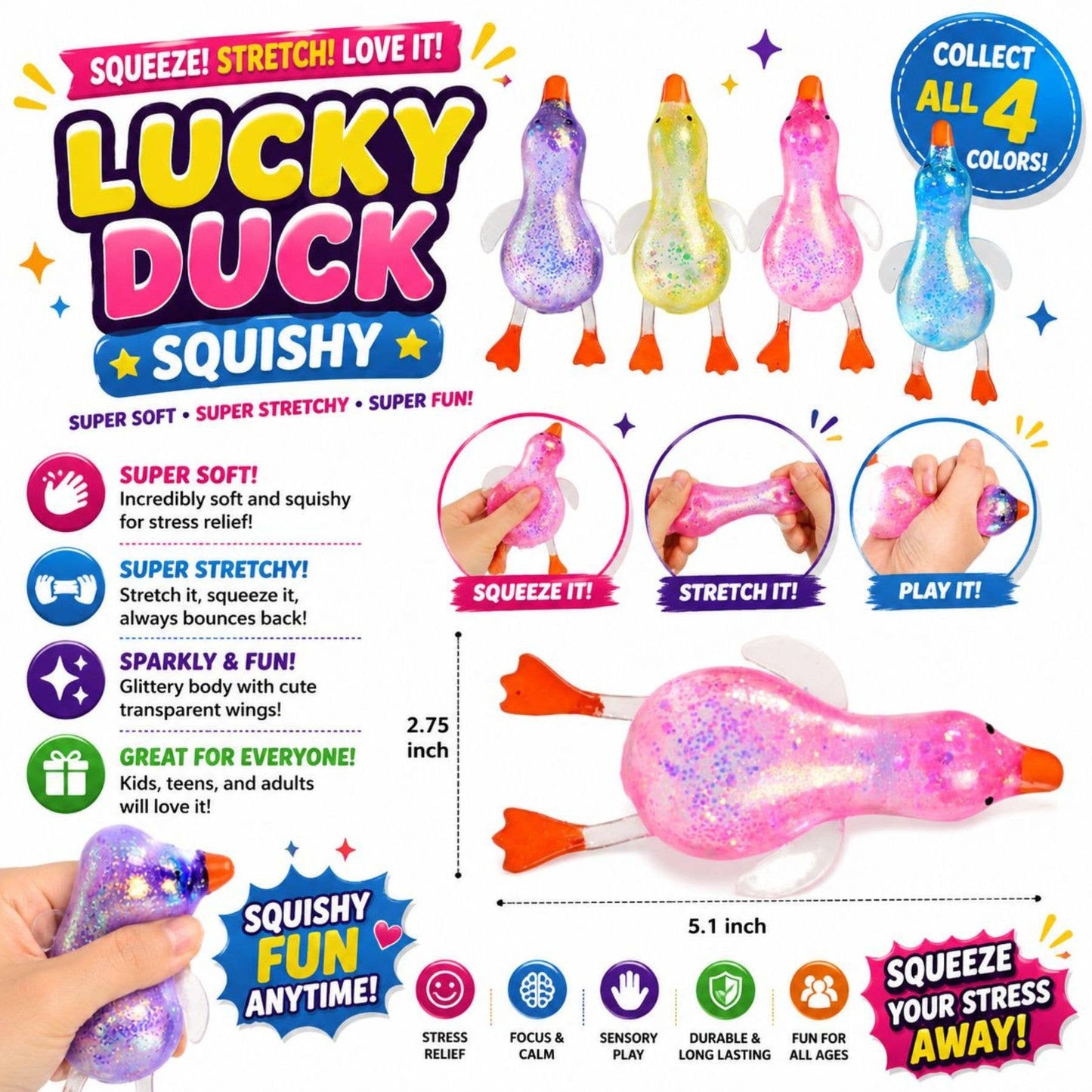 Lucky Duck Squishy – Glitter Stretchy Duck