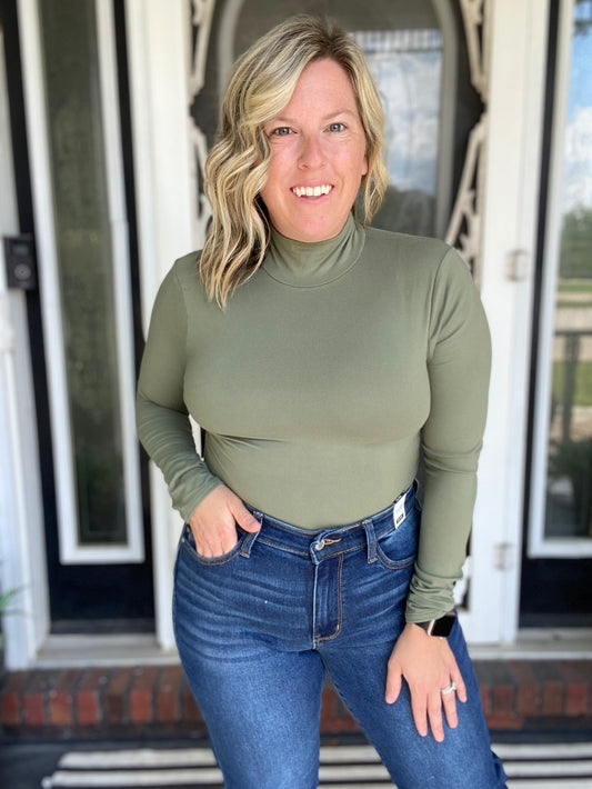 Mock Neck Long Sleeve Bodysuit- LT Olive|7288