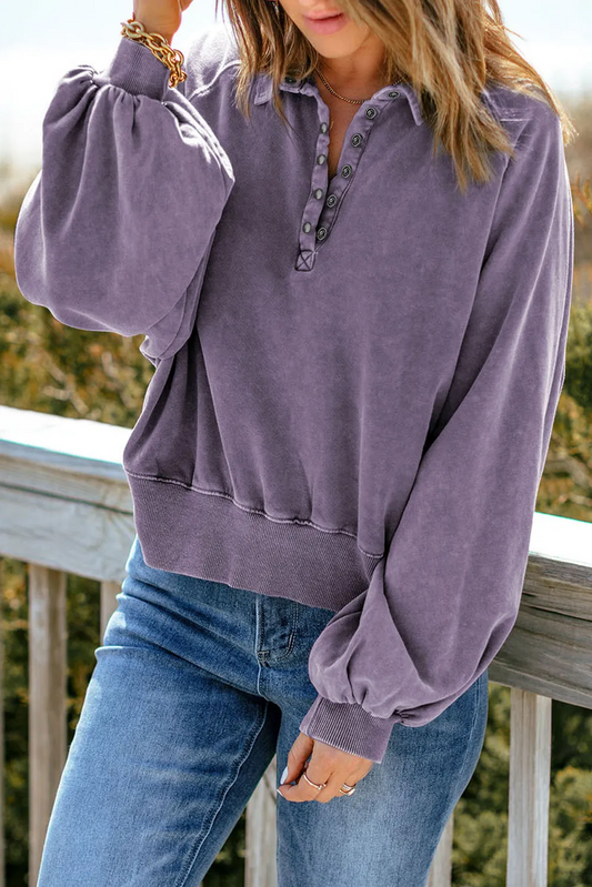 Quarter-Snap Lantern Sleeve Sweatshirt - Purple|7939