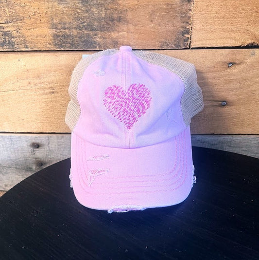 Pink Criss Cross Hat with Embroidered Scribble Heart|8622