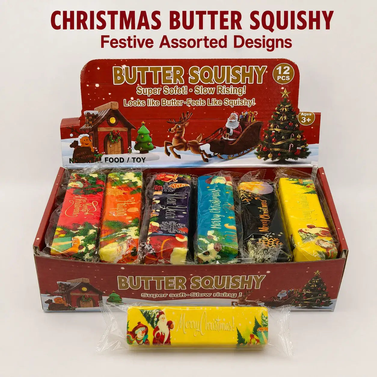 Christmas Butter Bar Slow-Rising Squishy – 12-Piece Display Box