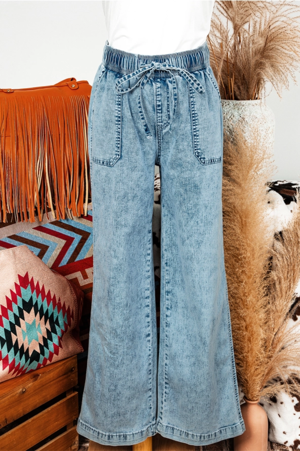 Mineral Wash Drawstring Loose Straight Denim|4734