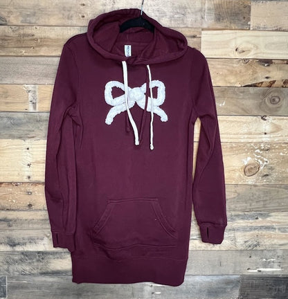 Maroon Long Tunic Hoodie with Chenille Bow|8639