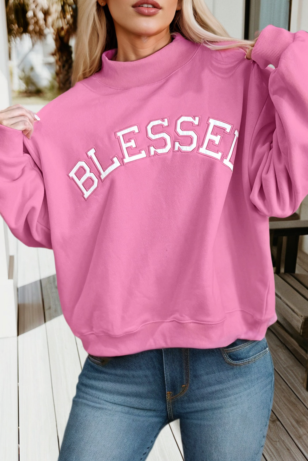 66 Plus Size Blessed Embroidered Mock Neck Sweatshirt (S-4X)