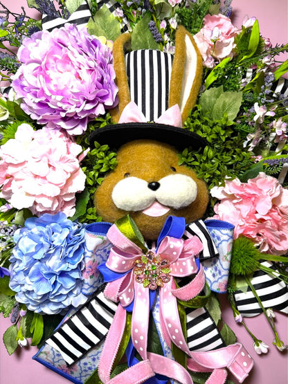 DLX TOP HAT BUNNY FLORAL WREATH|8972
