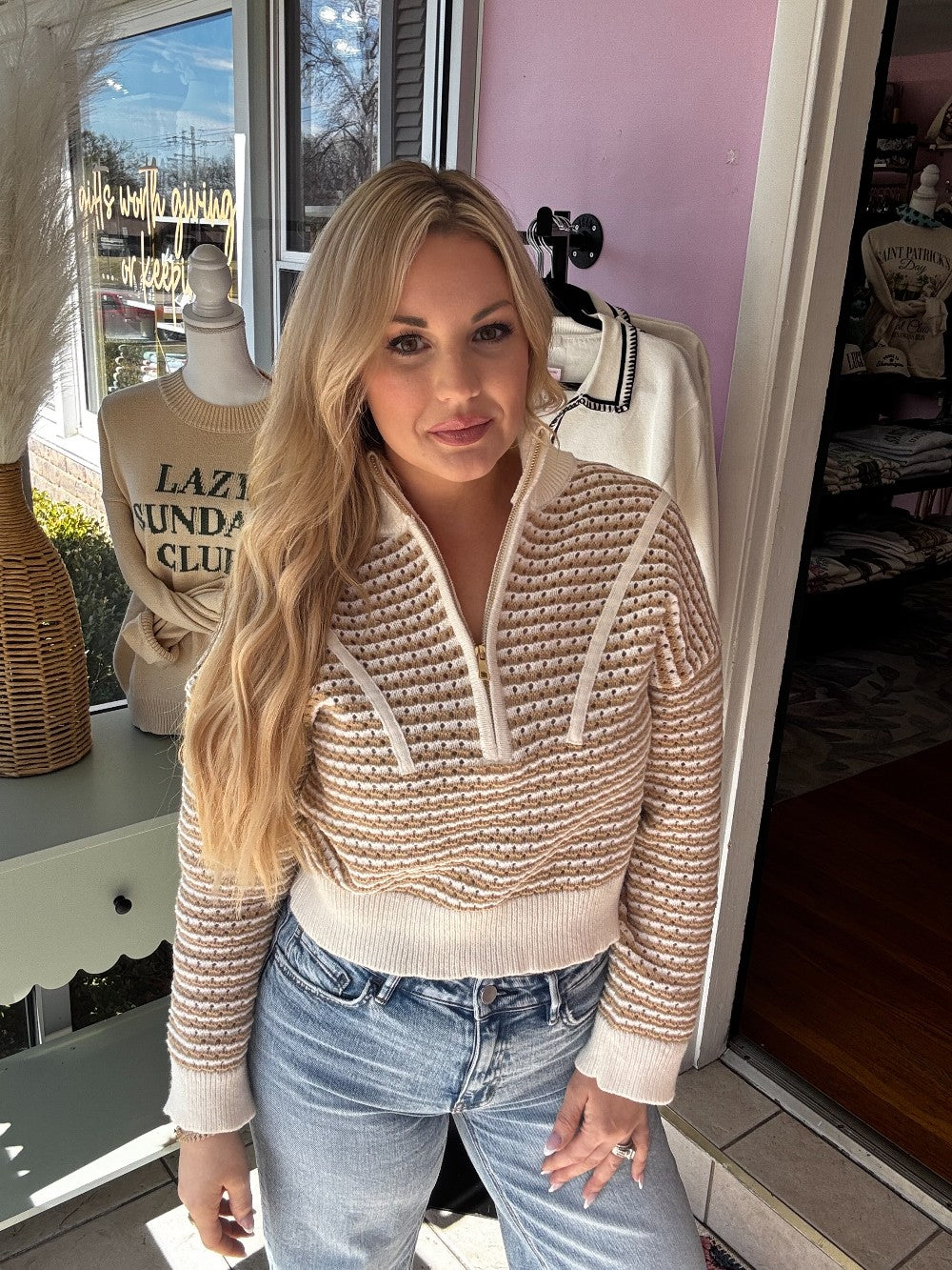 High neck zip up sweater|8877