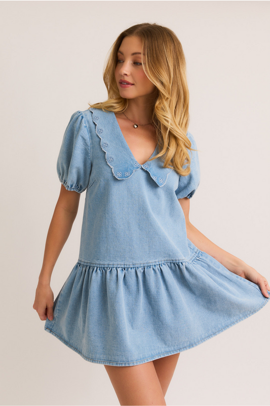 Puff Sleeve Collared Denim Dress