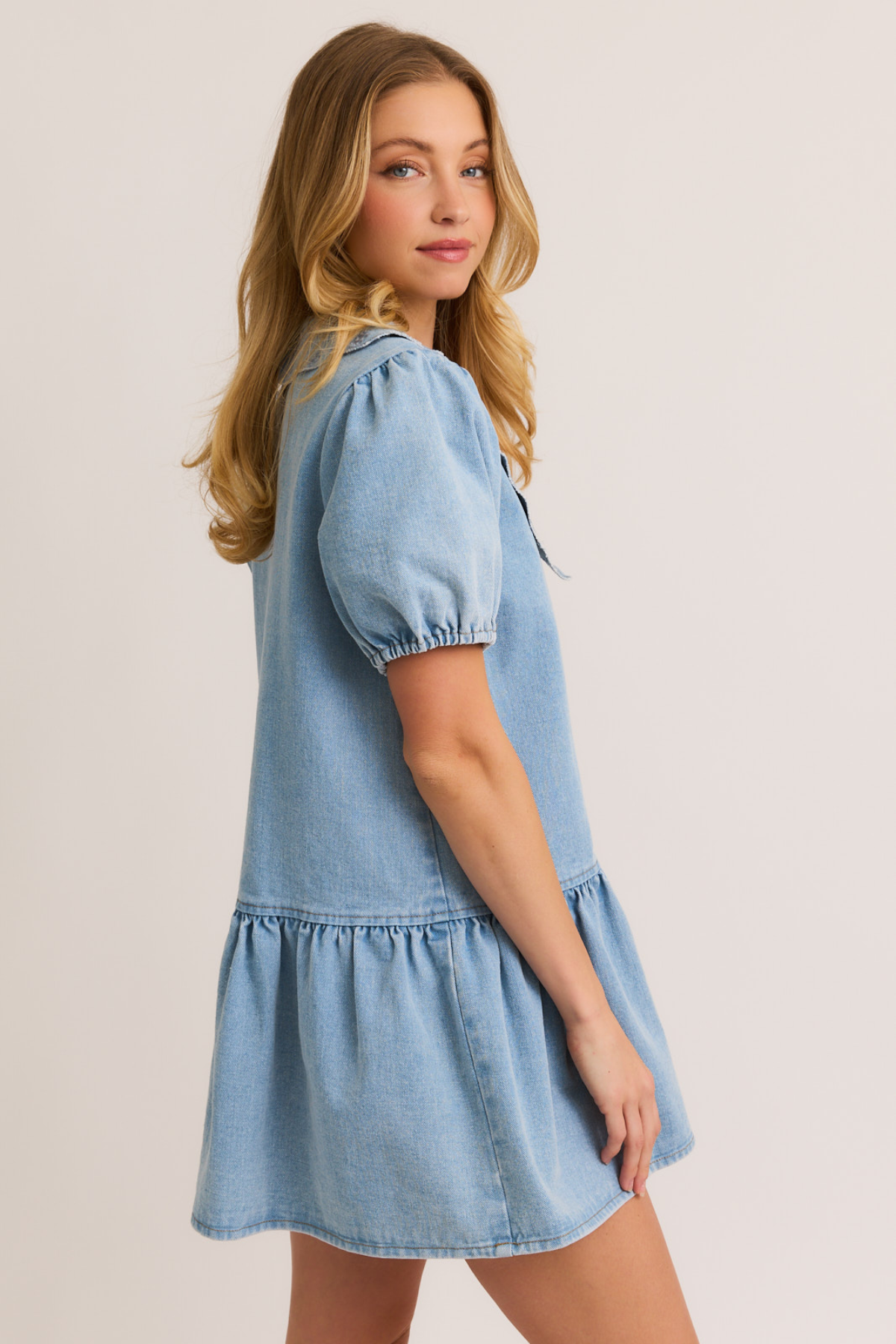 Puff Sleeve Collared Denim Dress