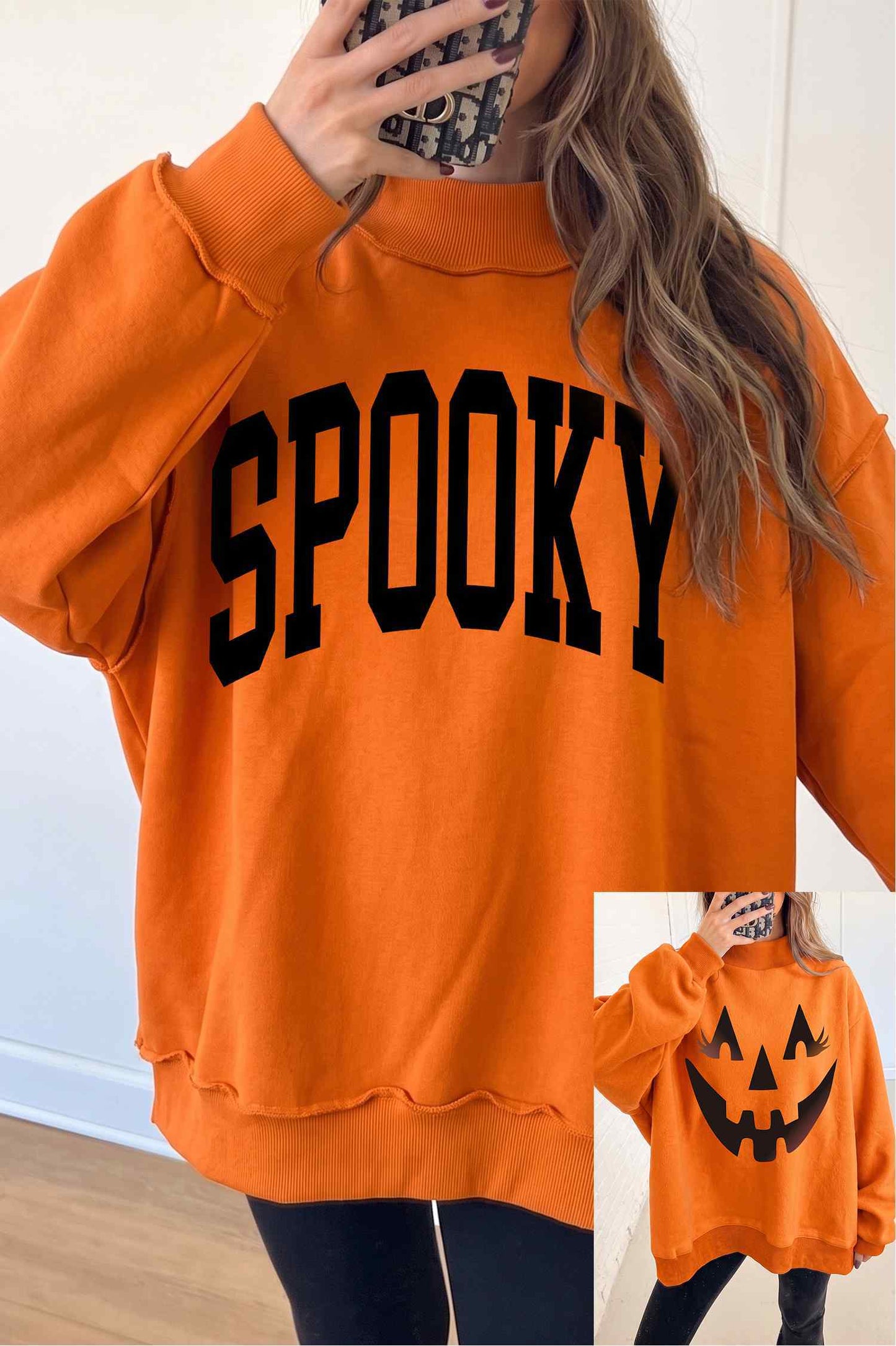 SPOOKY Halloween Print Mock Neck Reversible Sweatshirt(S-XL)