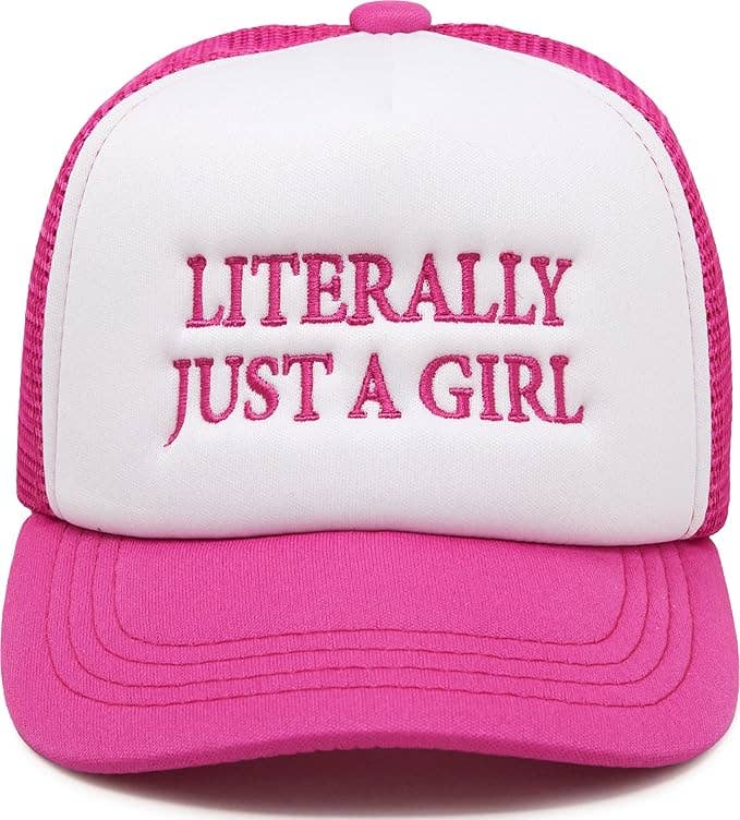Flat Brim Trucker Hat - Literally Just A Girl-White/Hot Pink