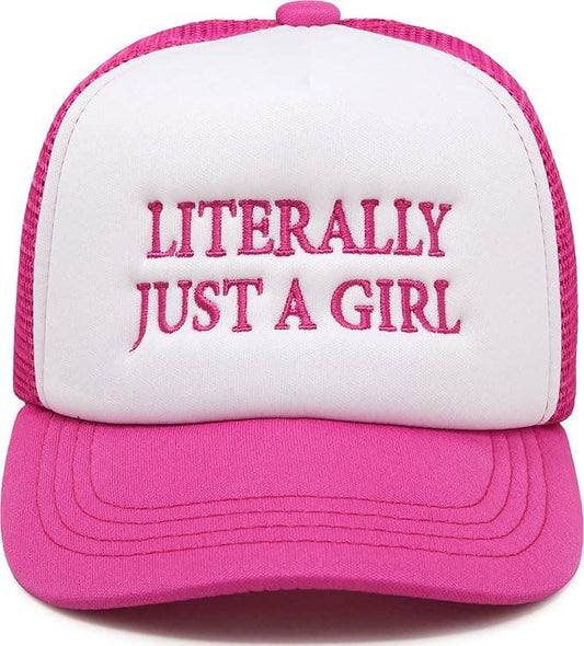 Flat Brim Trucker Hat - Literally Just A Girl-White/Hot Pink
