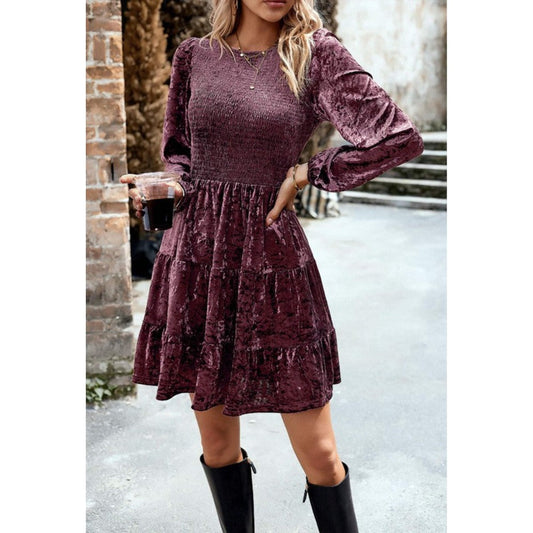 Long Sleeve Smocked Velvet Dress|7949