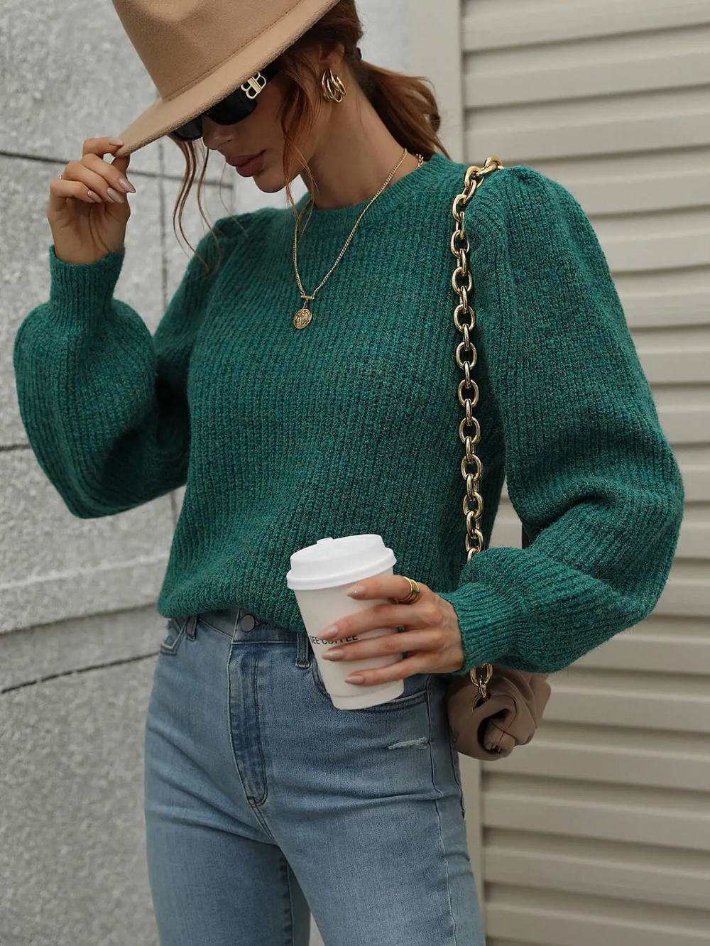 Lantern Sleeve Rib Knit Sweater - Green|7946