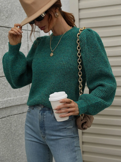 Lantern Sleeve Rib Knit Sweater - Green|7946