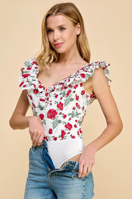 Floral Printed V Neckline Ruffle Detail Bodysuit|6151