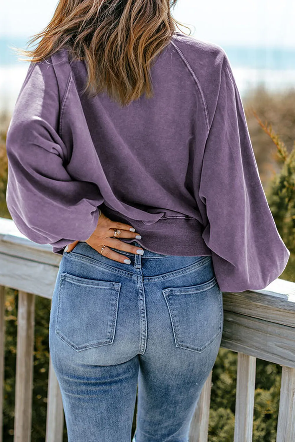 Quarter-Snap Lantern Sleeve Sweatshirt - Purple|7940