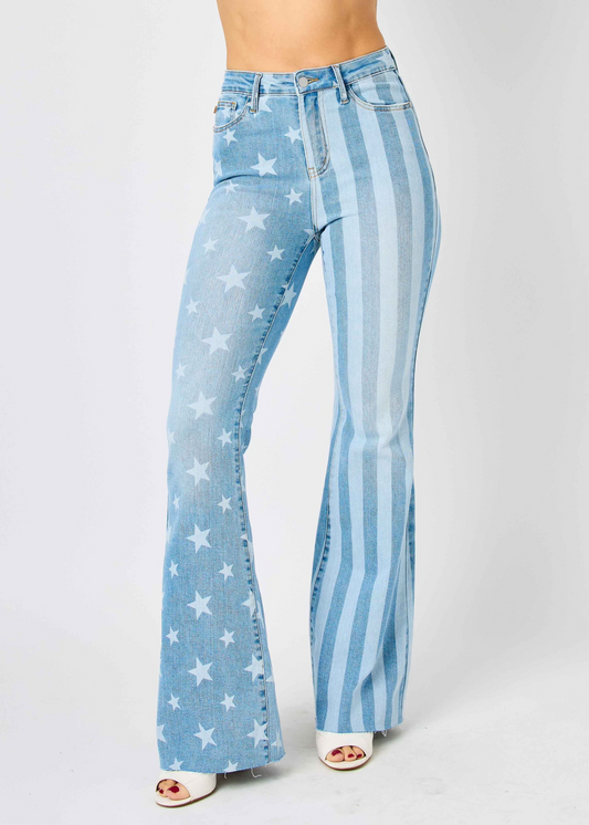 Judy Blue High Waist Bleached Stars & Stripes Flare Jeans