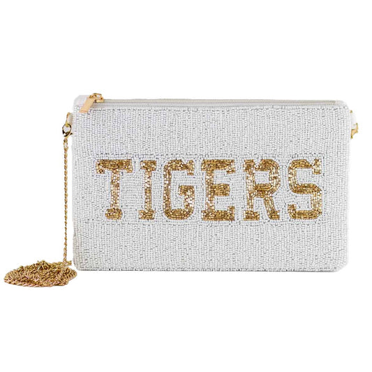 Tigers Beaded Crossbody   White/Gold   10x6