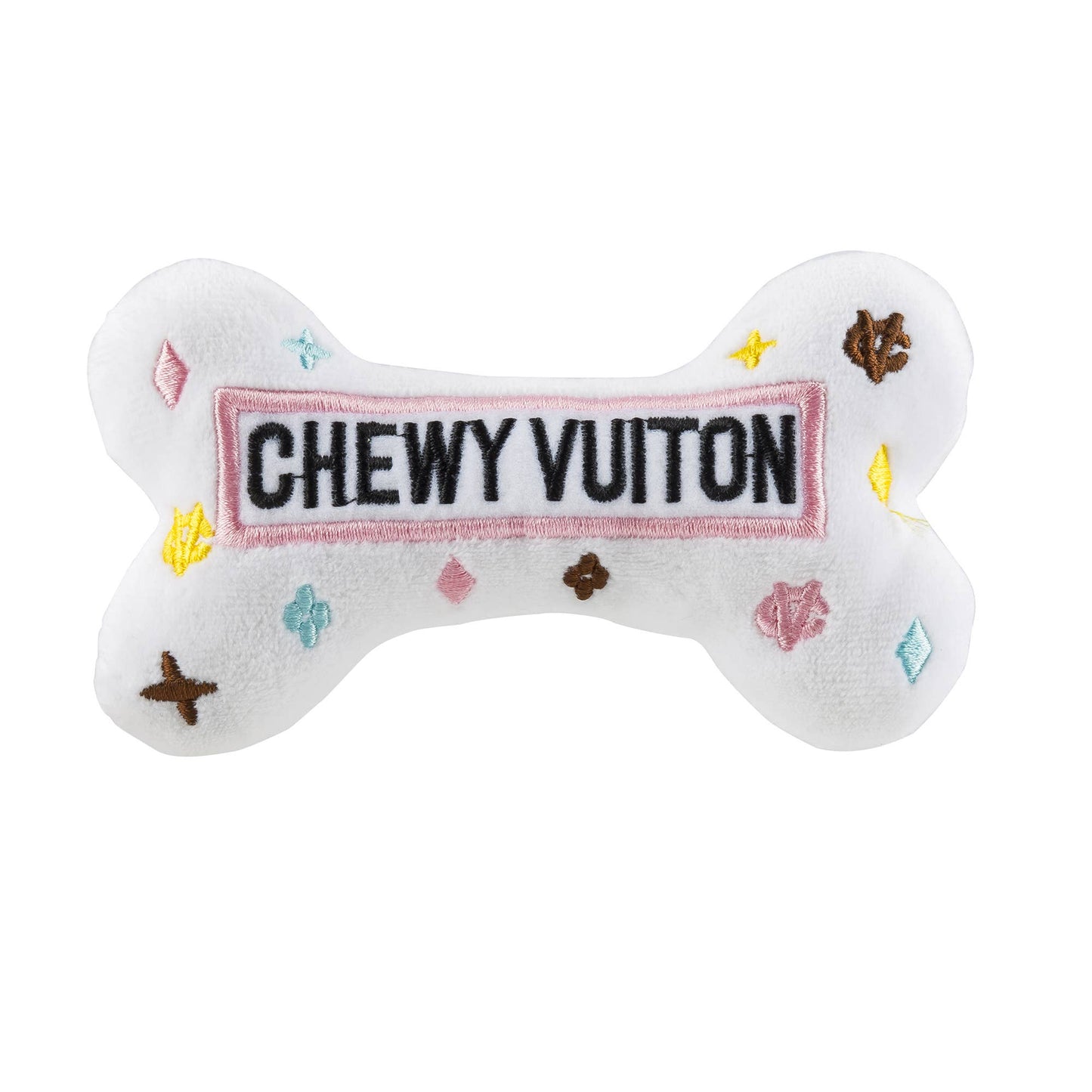 White Chewy Vuiton Bones Squeaker Dog Toy: Large