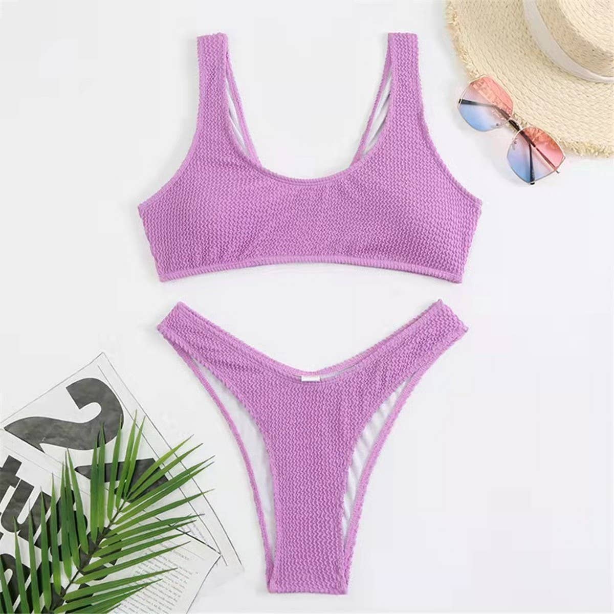 2-PIECE SOLID COLOR BIKINI SWIMSUIT_CWMW0174: Purple, (S) 1