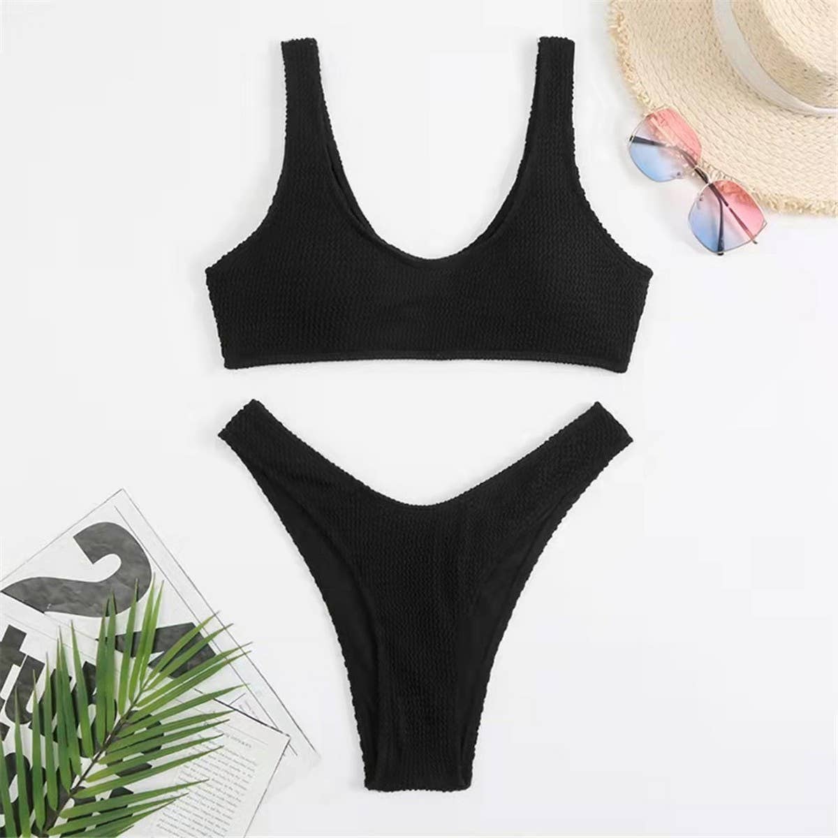 2-PIECE SOLID COLOR BIKINI SWIMSUIT_CWMW0174: Black, (L) 1