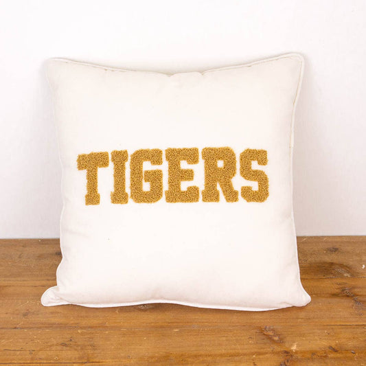 Tigers Embroidered Pillow   Soft White/Gold   16x16