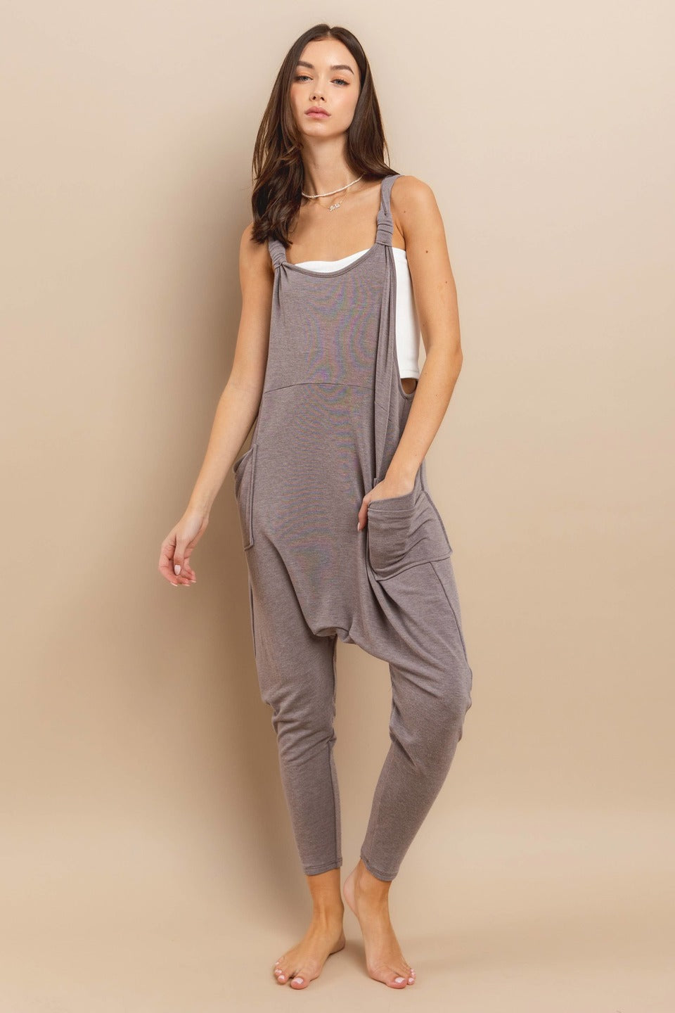 Solid Stretch Detail Jumpsuit - Dust